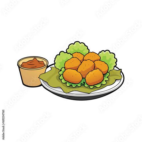 Appetizing chicken nuggets with various dipping sauces and a fresh side salad presented as a banner advertisement