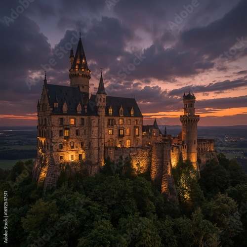 Enchanted Illuminated Castle on Hilltop Under Magical Evening Sky