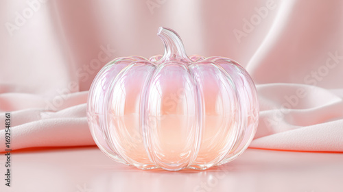 Iridescent glass pumpkin pastel pink soft light glossy surface, elegant decorative object, smooth texture, gentle atmosphere, modern home decor accent