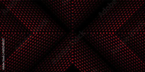Red techno abstract background overlapping layers in dark space with glowing dot shapes decoration. Dotted line style concept for banner, modern graphic design element.