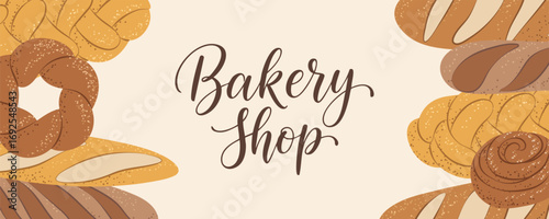 Bakery shop banner with bread and pastries, perfect for store branding or promotions.