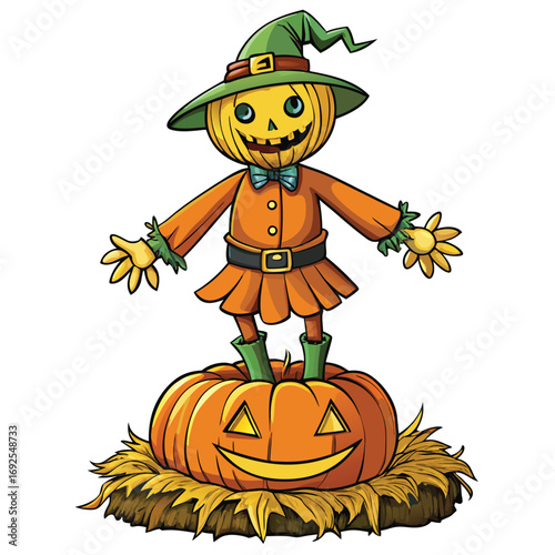 Cartoon scarecrow with a pumpkin head wearing a witch hat standing on a large pumpkin on a hay bale