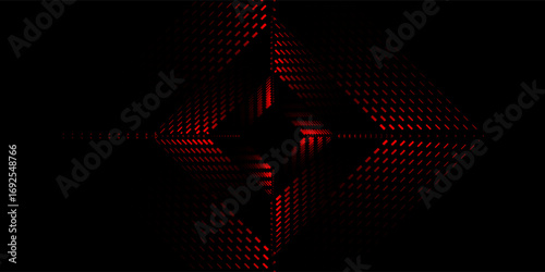 Red techno abstract background overlapping layers in dark space with glowing dot shapes decoration. Dotted line style concept for banner, modern graphic design element.
