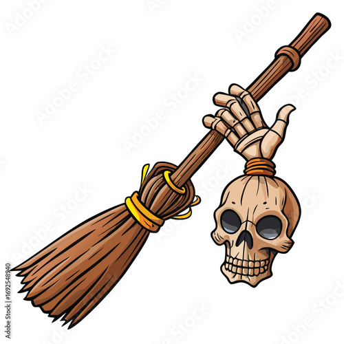 Cartoon Skeleton Hand Holding a Broom with a Skull Attached vector illustration
