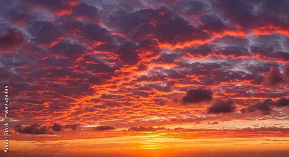 Obraz premium Fiery Sunset Over the Horizon with Dramatic Clouds.