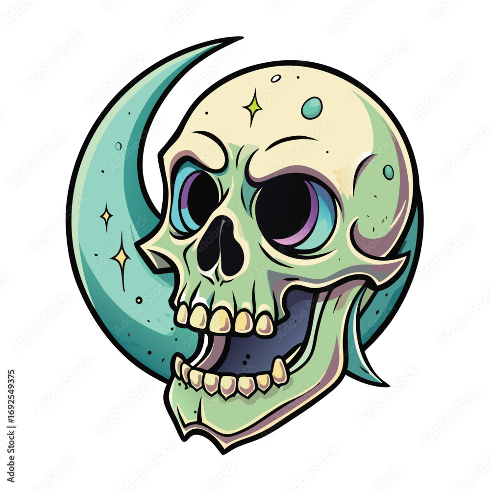 Fototapeta premium Cartoon Skull With Crescent Moon And Stars On White Background sparkle