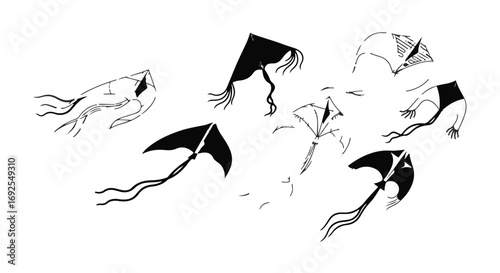 A playful flock of diverse kites dances freely across a bright sky, evoking joy and childhood wonder.