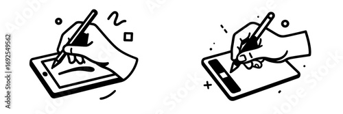 Minimalist black and white icon set showing a hand using a stylus on a digital graphics tablet for creative design and art projects