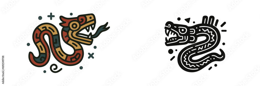 Fototapeta premium Set of Aztec serpent icons in traditional Mesoamerican style with color and monochrome versions isolated on white