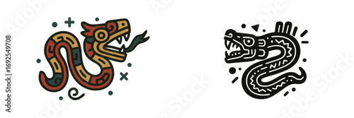 Set of Aztec serpent icons in traditional Mesoamerican style with color and monochrome versions isolated on white