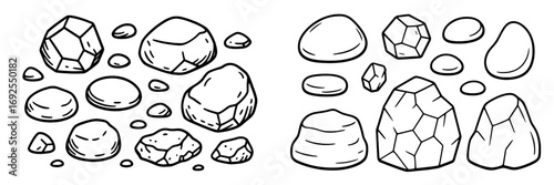 Hand drawn collection of rocks and stones in a simple doodle sketch style, black and white line art set of various pebbles and boulders