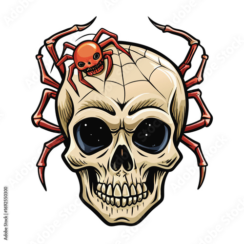 Cartoonish skull with a red spider on top, isolated on a white background Halloween creepy