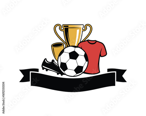 Soccer trophy, ball, shirt, and cleat with ribbon banner Keywords: soccer, soccer ball, trophy