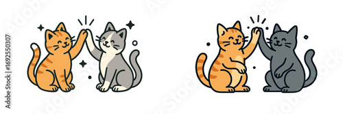 Two cute cartoon cats giving a high five as a symbol of friendship and teamwork, happy adorable kittens celebrating success together