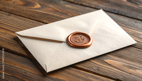 Close-up shot of a beige envelope sealed with a brown wax stamp on a wooden surface.