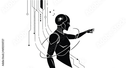 Futuristic android interacts with digital data streams, symbolizing artificial intelligence and technology.