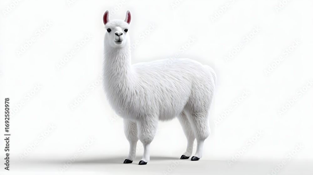 Fototapeta premium A beautiful, fluffy white llama standing calmly in a serene, natural environment, with its large eyes and pointed ears adding to its gentle, friendly presence.