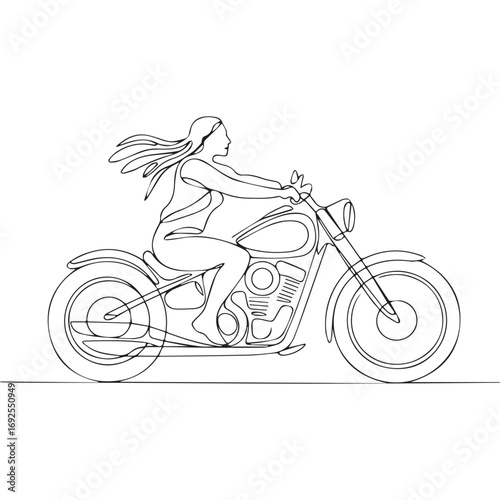 Simple black line art drawing of a girl rider in a minimalist style on a white background.