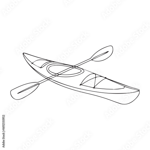 Simple black line art drawing of a kayak boat in a minimalist style on a white background.