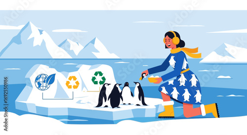 Environmental awareness illustration featuring penguins and a woman promoting conservation on the