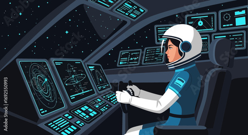 Female astronaut piloting a spaceship through the cosmos exploring the universe beyond earth