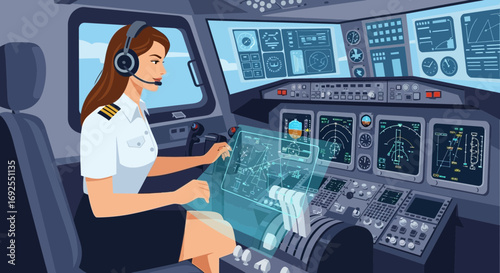 Female pilot in the cockpit of an aircraft navigating with advanced technology interfaces