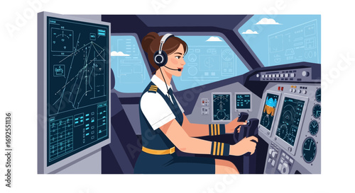 Female pilot in the cockpit operating the airplane, vector illustration style profession with