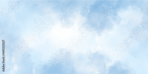 Beautiful day with fluffy white clouds in a bright blue sky. Creative soft light sky blue watercolor background. Beautiful painted and scratched bright blue paper texture