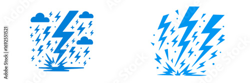 Blue lightning bolt and thunderstorm icons showing an electric energy strike with storm clouds and falling rain