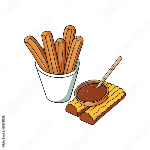 Delicious churros with a sweet cinnamon sugar coating and rich chocolate dipping sauce illustration