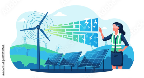 Illustration of renewable energy sources with an engineer overseeing the power generation process