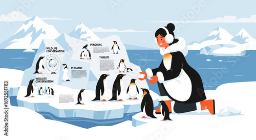 Illustration portraying wildlife conservation and human interaction with penguins in antarctica