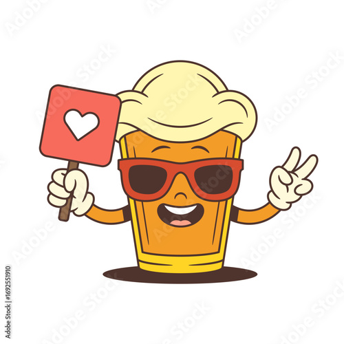 Beer mascot shaped like a small glass with large foamy head wearing stylish sunglasses holding a red heart sign while showing peace gesture. Perfect for festival designs. Isolated vector illustration