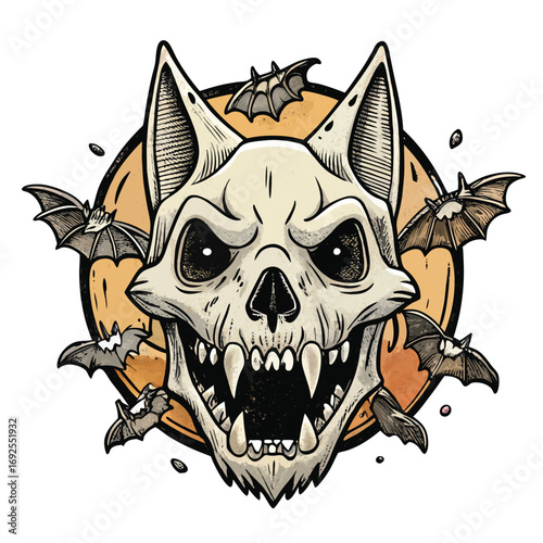 Ferocious Animal Skull With Open Mouth And Bats Flying Around On Orange Circle On White Background