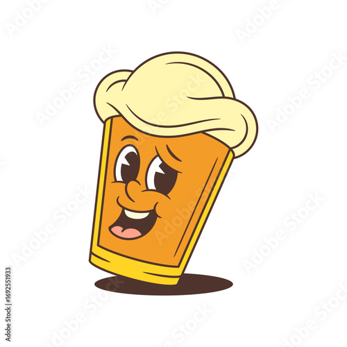 Bright and joyful cartoon mascot of a yellow beer glass with a large foam head smiling happily. Perfect for logos, festivals, bars, and fun design projects. Isolated on white vector illustration