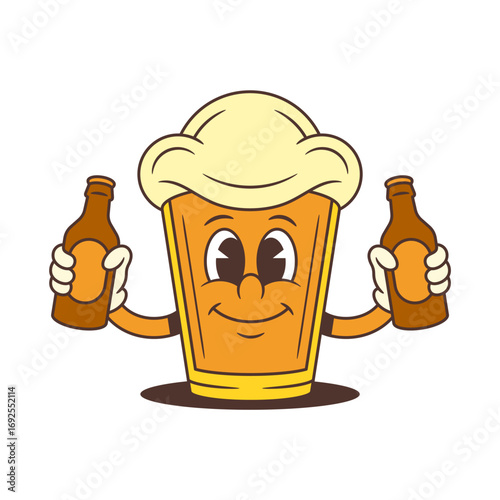 Cheerful cartoon beer glass mascot with large foam head holding two beer bottles and showing excitement. Bright and energetic design for party themes. Isolated vector illustration