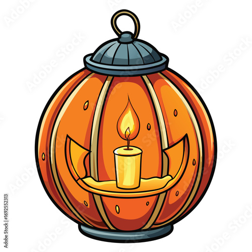 Cartoon Halloween pumpkin lantern with a lit candle inside on a white background jack o lantern