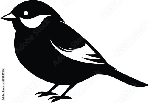 Chickadee Bird Silhouette Vector, Perching Songbird Icon on White Background