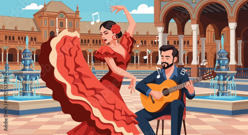 Passionate flamenco dancer performing with guitar player in Plaza de España Seville showcasing