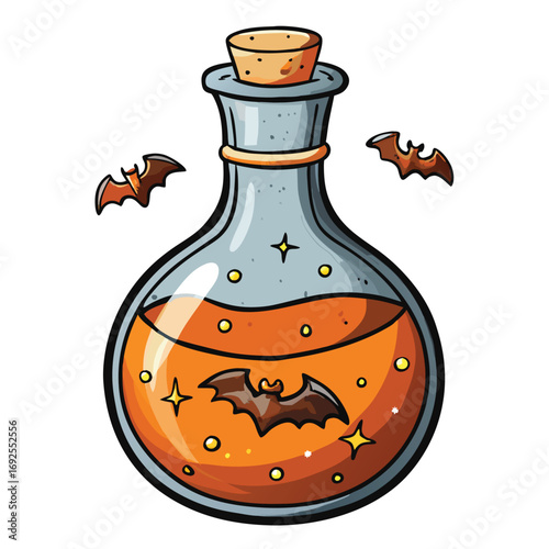 Halloween Potion Bottle with Orange Liquid, Bats and Sparkles on White Background vector illustration