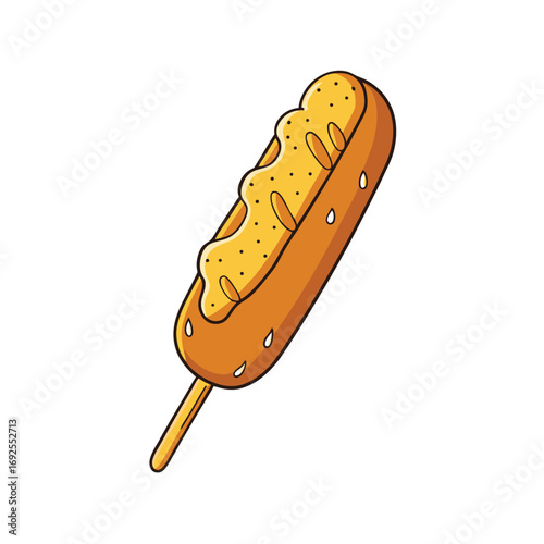 A delicious corn dog with a generous drizzle of yellow mustard and a wooden stick presented on a clean white background