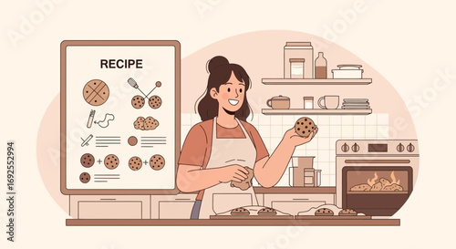 Woman Baking Cookies in Kitchen Following Recipe Baking Concept with Happy Expression