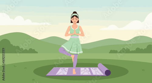 A serene cartoon of a woman practicing tree pose yoga outdoors for holistic wellness