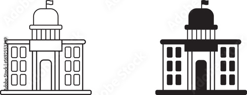 City hall building icon set in outline and flat style , government building icon