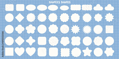 Collection of white geometric and organic shapes on a blue grid background