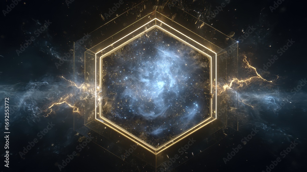 Obraz premium Quantum computer core with hexagonal portal containing starry nebula, sleek gold frame, energy crackles, futuristic technology, cosmic scifi concept