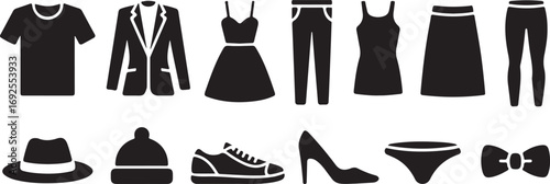 Black clothing icons including t-shirt blazer dress pants tank top skirt leggings hat sneakers heels underwear bow tie