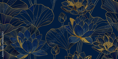 Elegant seamless pattern of dark blue lotus flowers and leaves with gold outline on navy background