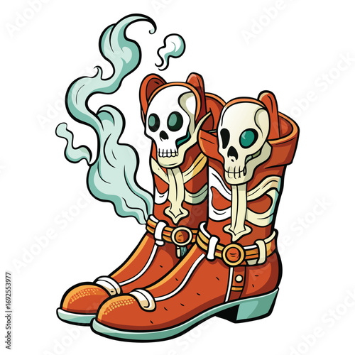 Pair of Orange Cowboy Boots with Skeleton Rib Cage Design and Wisps of Smoke on White Background