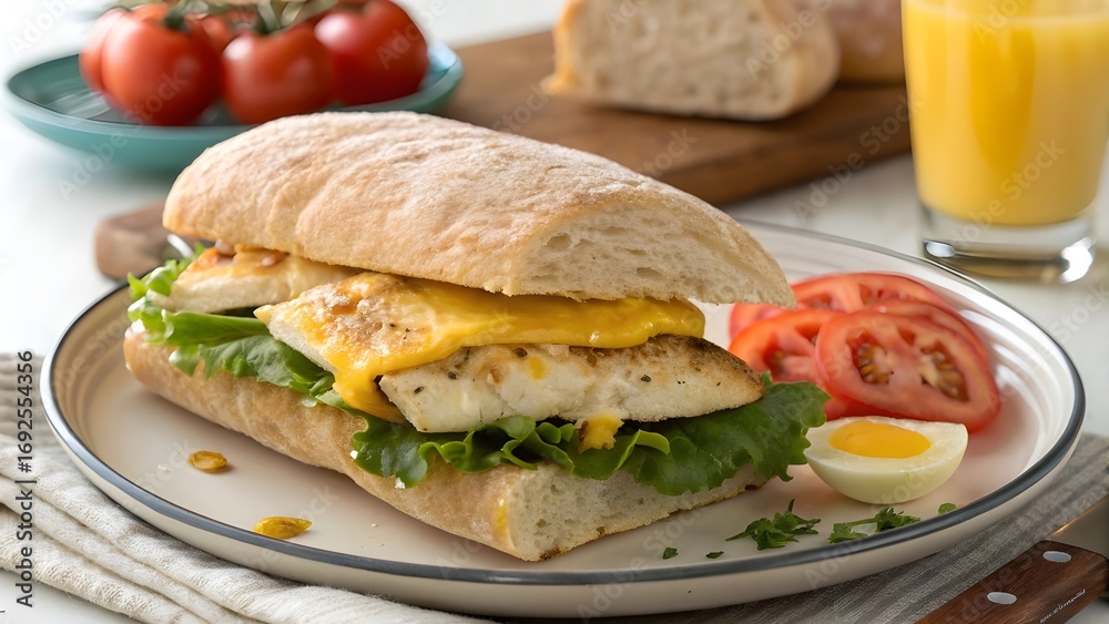 Obraz premium Hearty Classic Chicken And Cheese Breakfast Ciabatta Layered With Fluffy Egg And Melted Cheddar, Rustic Golden Bread Perfect For Morning Energy, Brunch Plate, Or Cafe Favorite